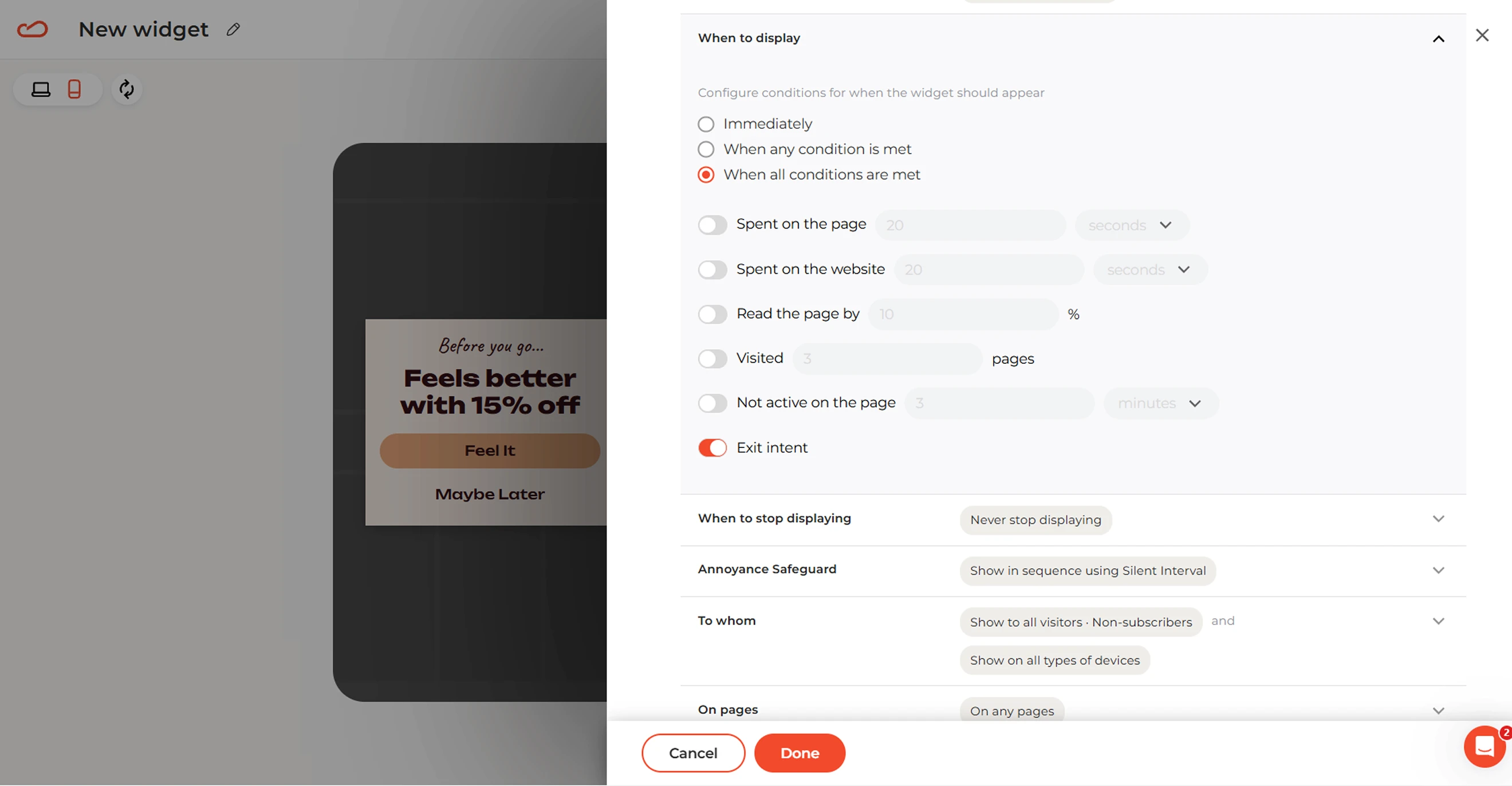 Claspo widget settings for when to display a popup with exit intent trigger