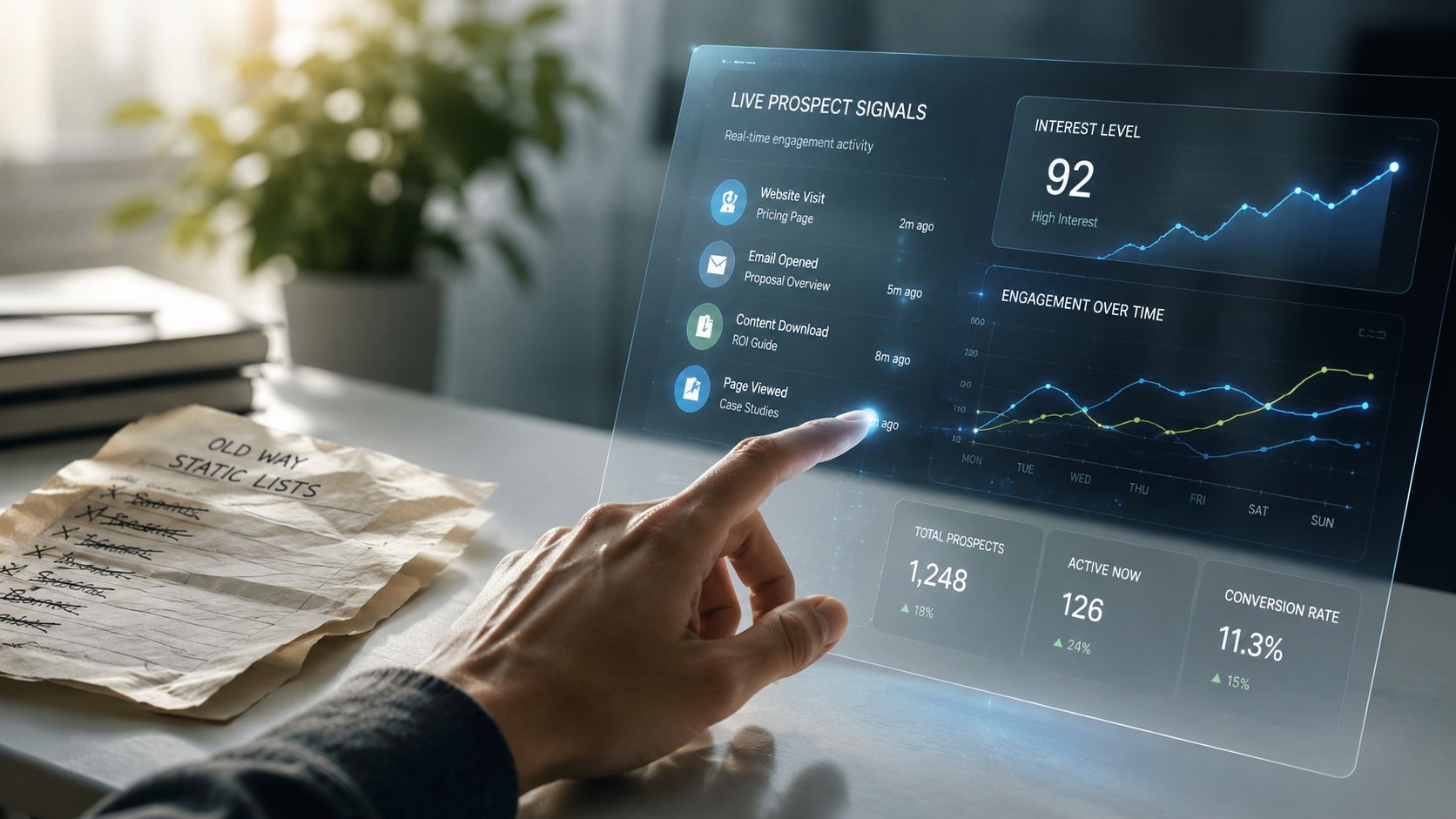A professional using a futuristic digital glass interface to monitor real-time sales prospect activity and analytics.