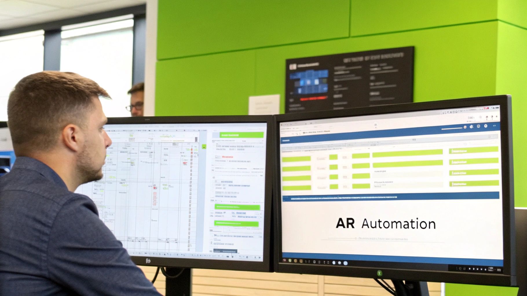 A man uses dual computer monitors in an office, one displaying 'AR Automation' software.