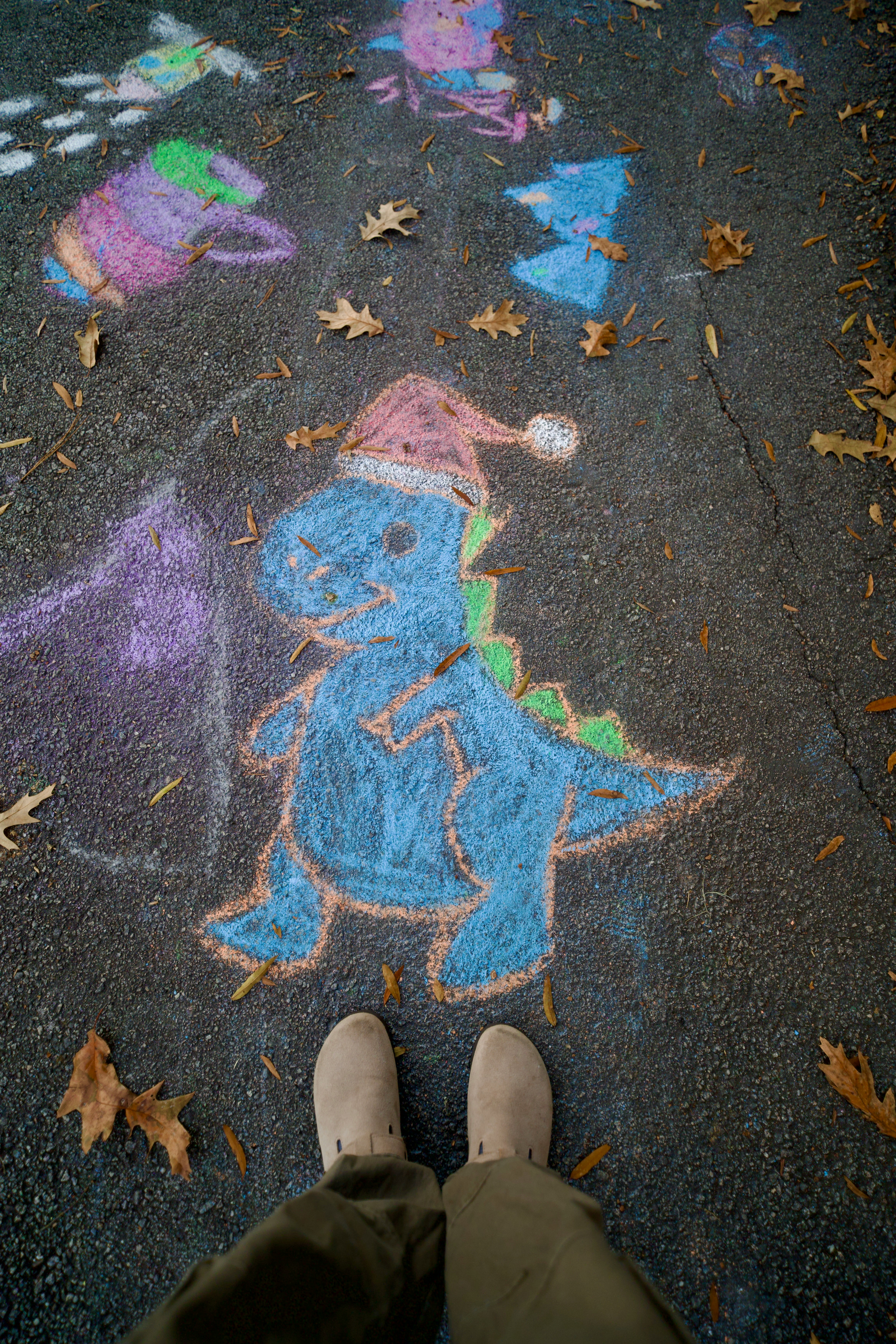 Chalk drawings of dinosaurs and other figures on pavement