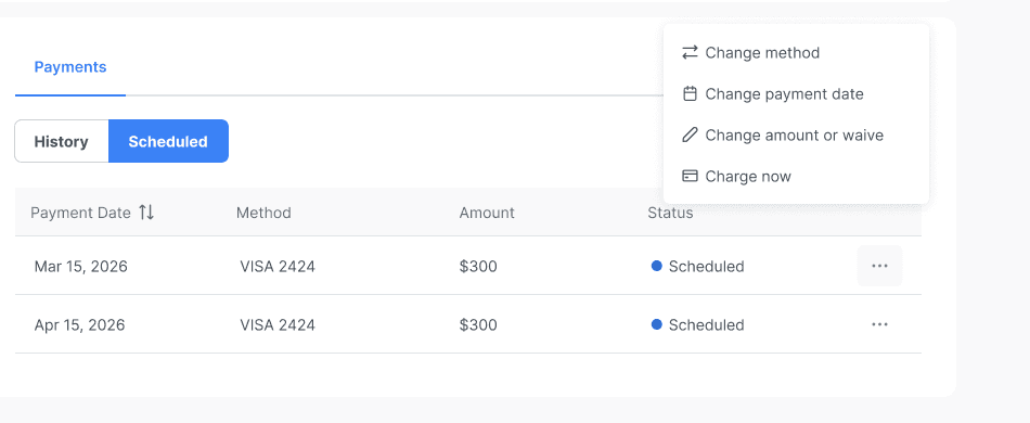 Scheduled payment menu showing Change method, Change payment date, Change amount or waive, and Charge now.