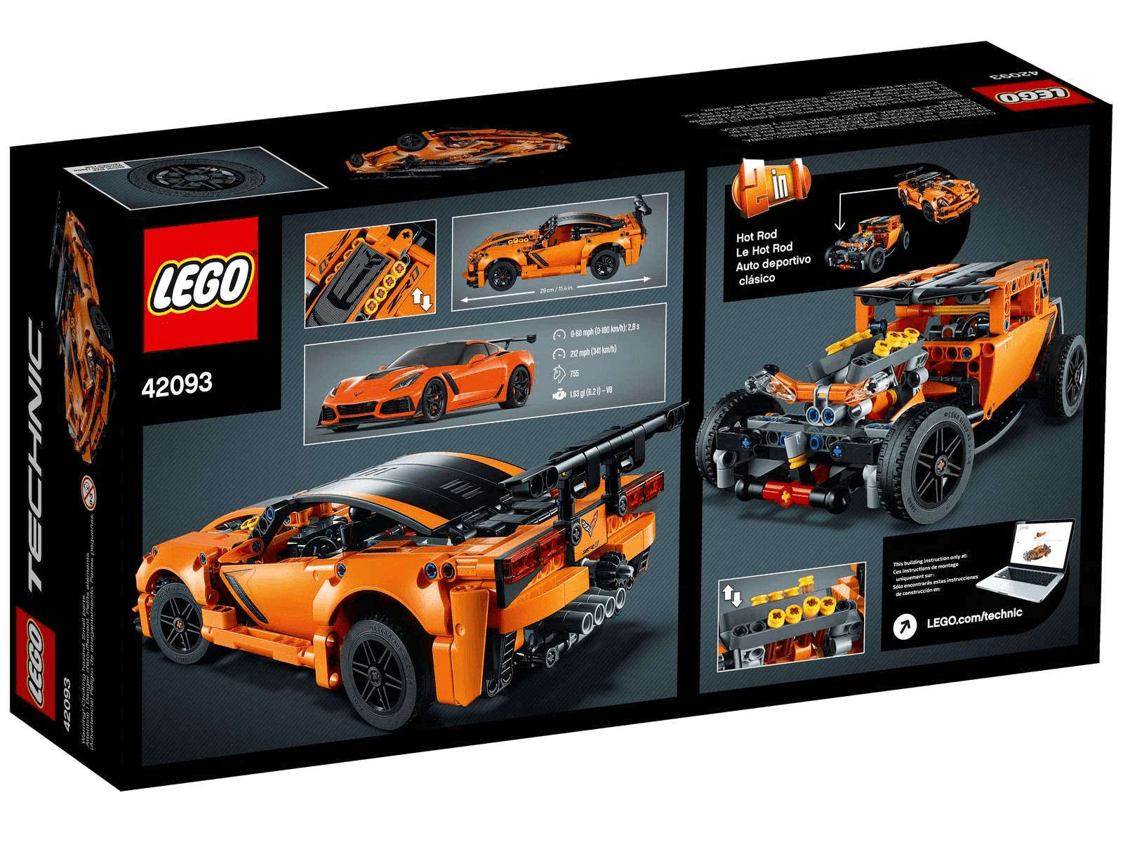 LEGO® Chevrolet Corvette ZR1 (sett 42093) - eske sett bakfra med begge modellene og fakta, Brikkenerd