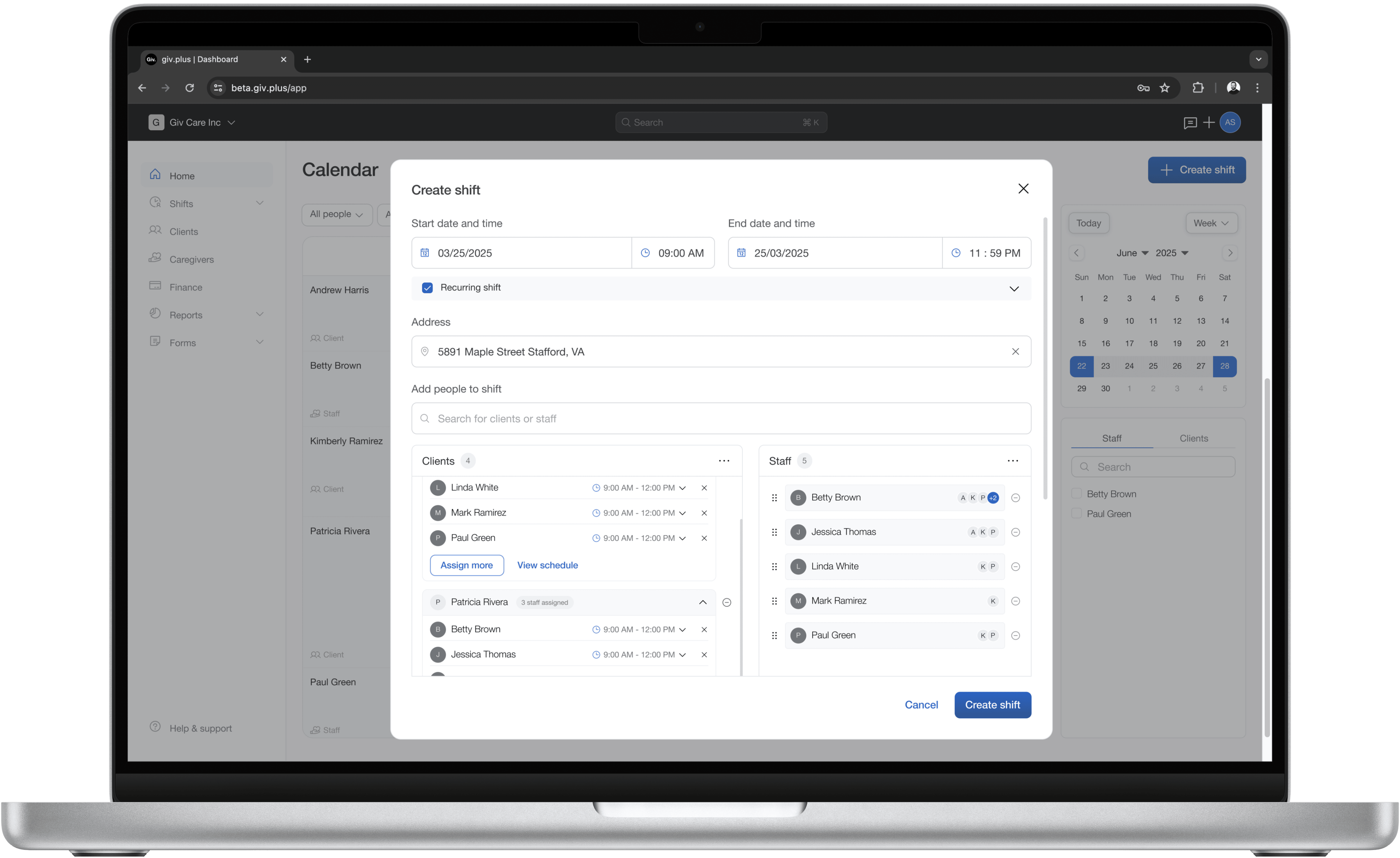 Create a shift in Giv.