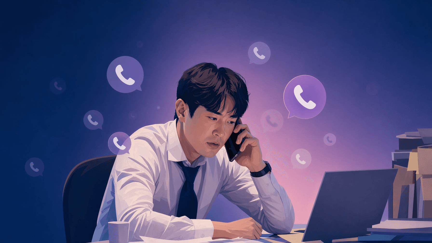 영업 담당자가 하루 수십 통의 전화를 받고 기억을 잃어가는 모습을 표현한 일러스트