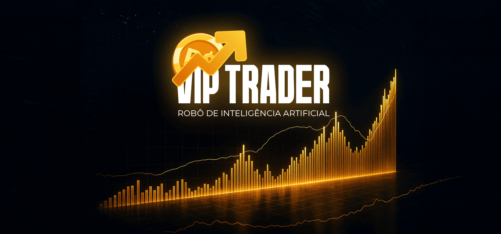 Banner do site, com o logotipo e um gráfico financeiro dourado, com o  fundo escuro