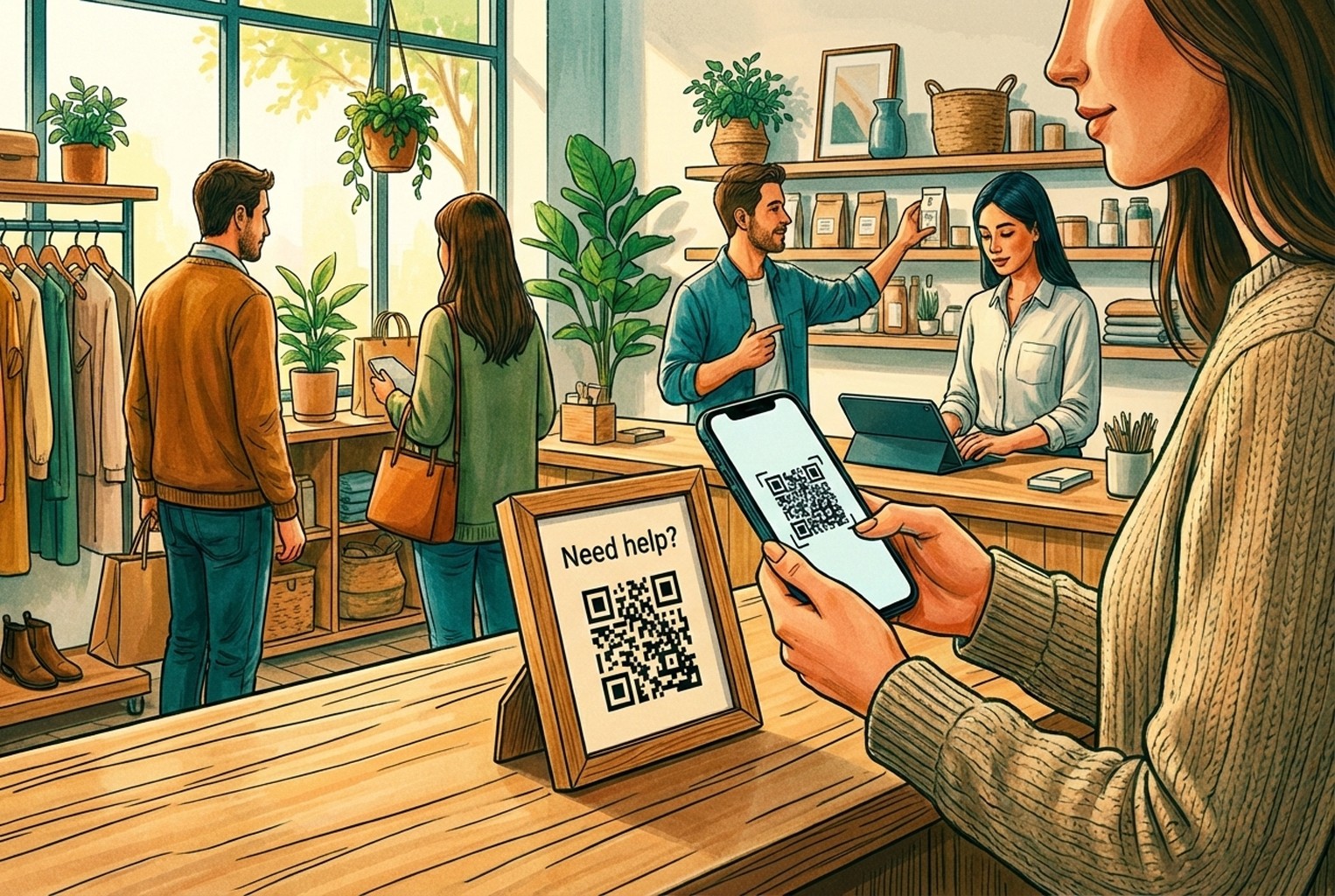 Customer scanning a QR code  to get help when staff are busy, acting as a last-resort support option