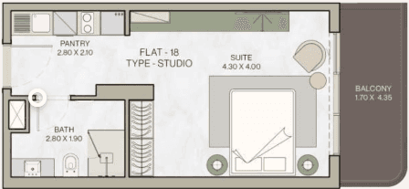 Floor plan of a studio apartment at Helvetia Residences, showcasing layout and room dimensions.