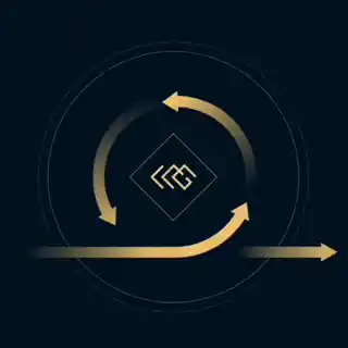 Gold monogram logo animation with circular rotating arrows on a dark navy background