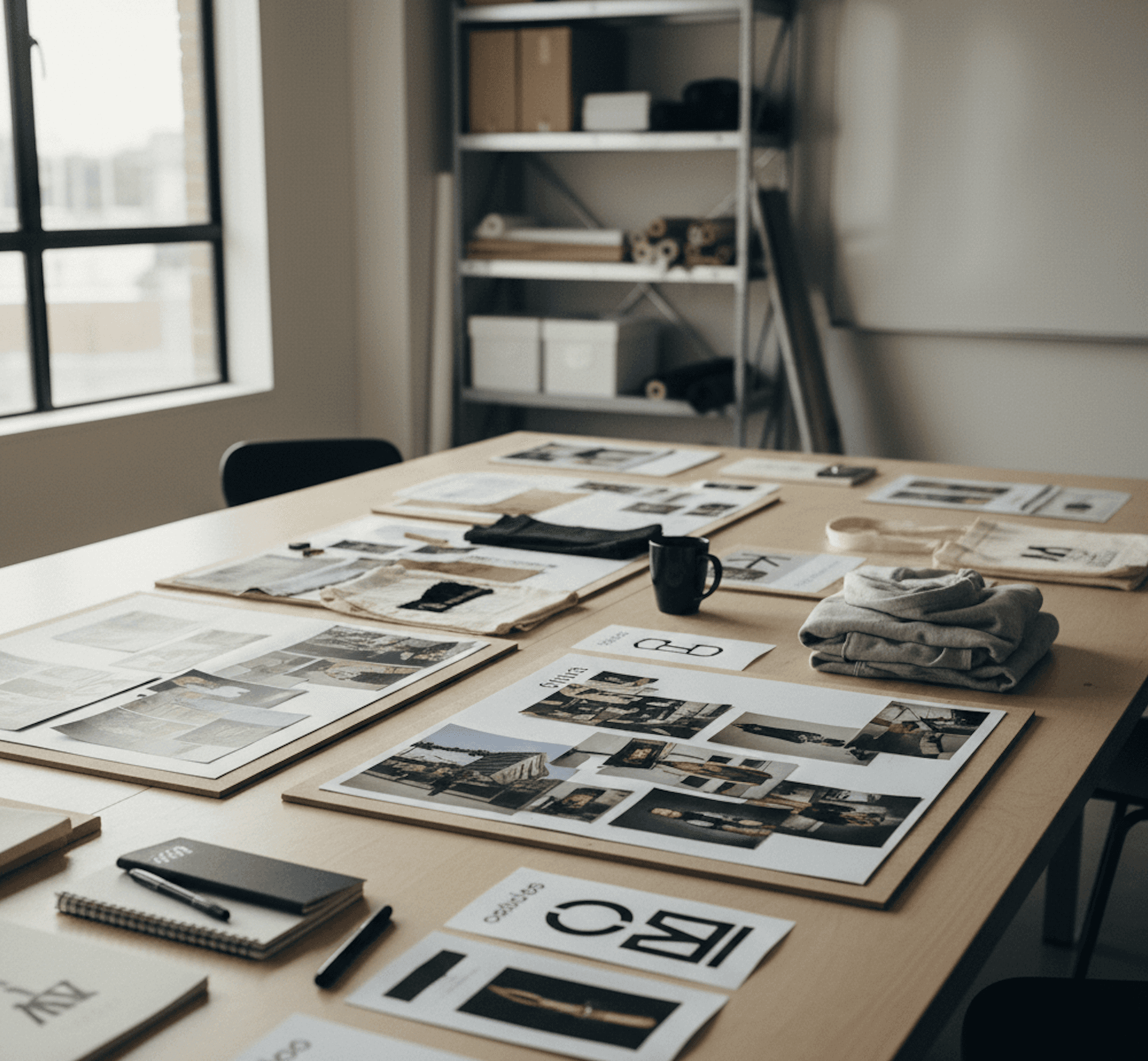 image of the planning phase and documents spread across the table when doing brand development