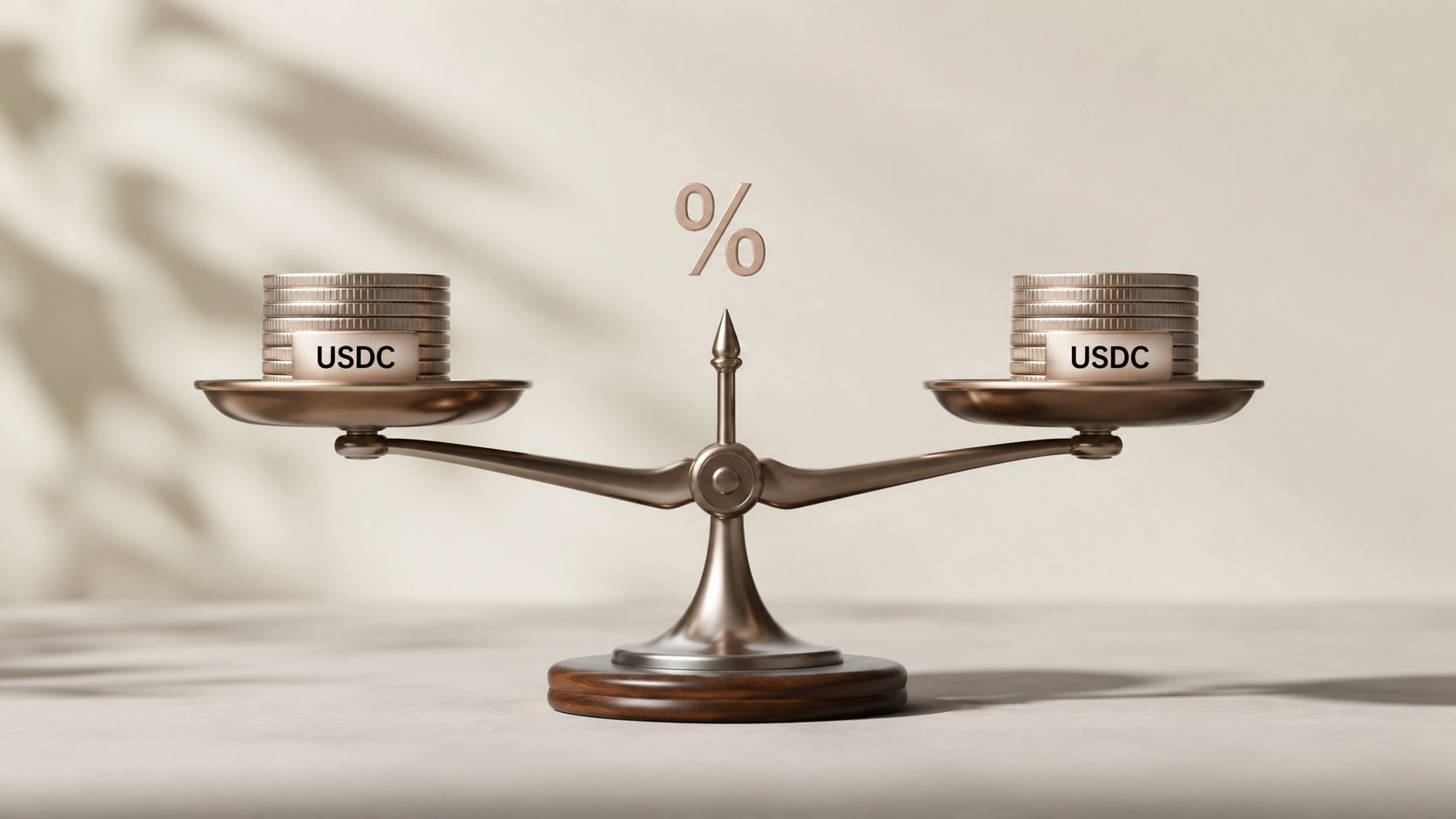 A conceptual image showing a balance scale with stacks of coins labeled USDC on both sides.