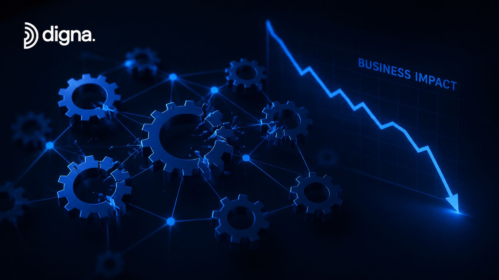 A conceptual illustration of broken gears representing data quality and integrity issues causing a downward business impact.