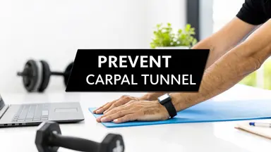 カバー画像。黒い背景に白いテキストが表示され、手根管症候群を防ぎます。背景には、男性の手がヨガマットの上で重りを持ちながらストレッチしている様子が見えます。音声を文字起こし、音声認識ソフト、音声入力アプリ、音声テキスト化、音声認識エンジン、音声認識api、音声文字変換ソフトに関連するキーワードを意識して翻訳しました。