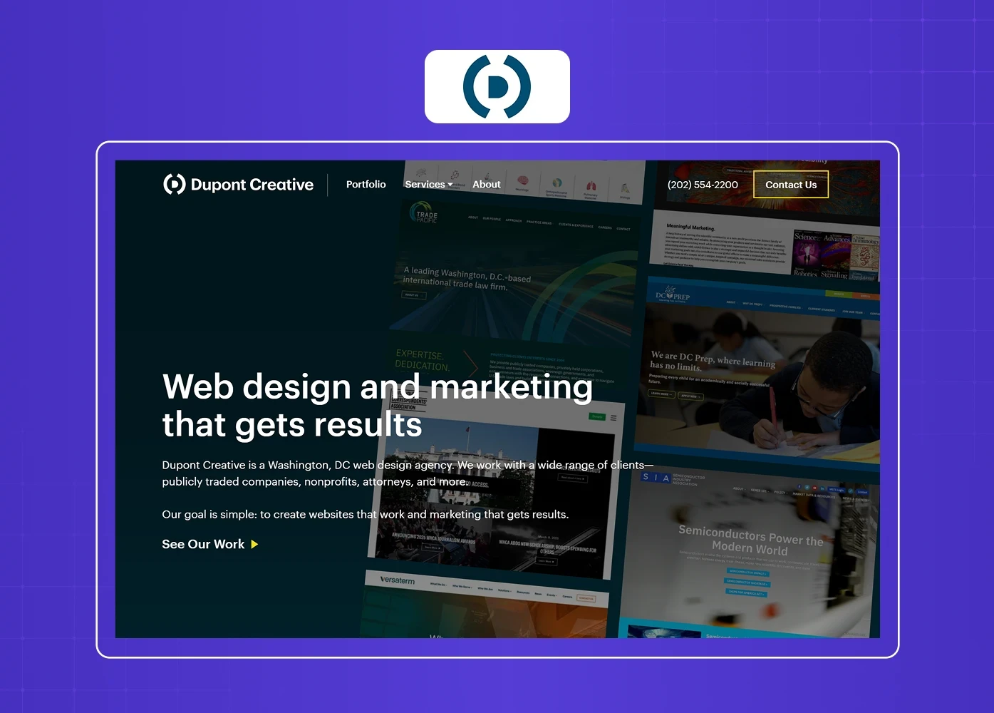 The Dupont Creative website features a dark-themed homepage showcasing web design and digital marketing services, with a portfolio-driven layout focused on client results and success stories. 