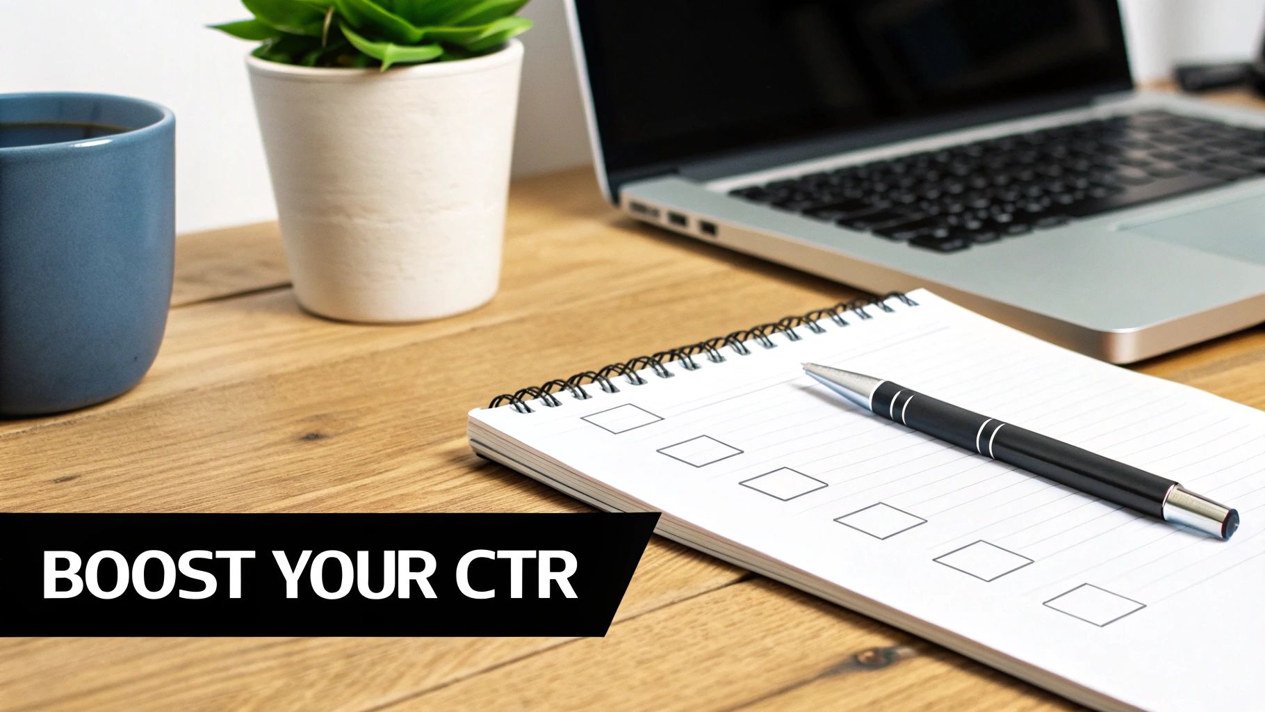 Workspace with laptop, coffee, plant, notebook with checkboxes, and a banner: BOOST YOUR CTR.