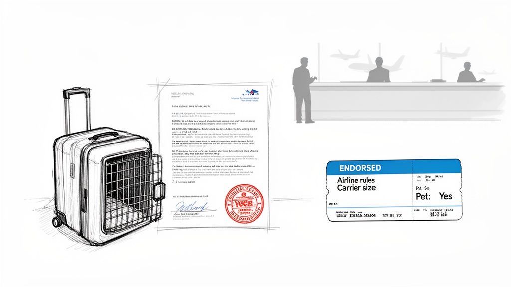 Illustration of a pet carrier suitcase, travel documents, and a pet-friendly airline ticket at an airport.