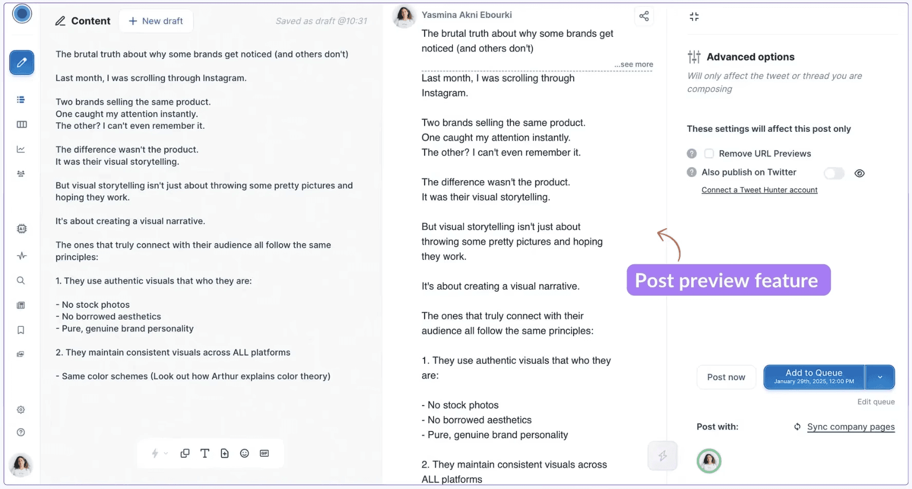 Taplio's AI-powered content creation module, displaying the platform's drafting feature, preview feature, and advanced options for maximum personalization