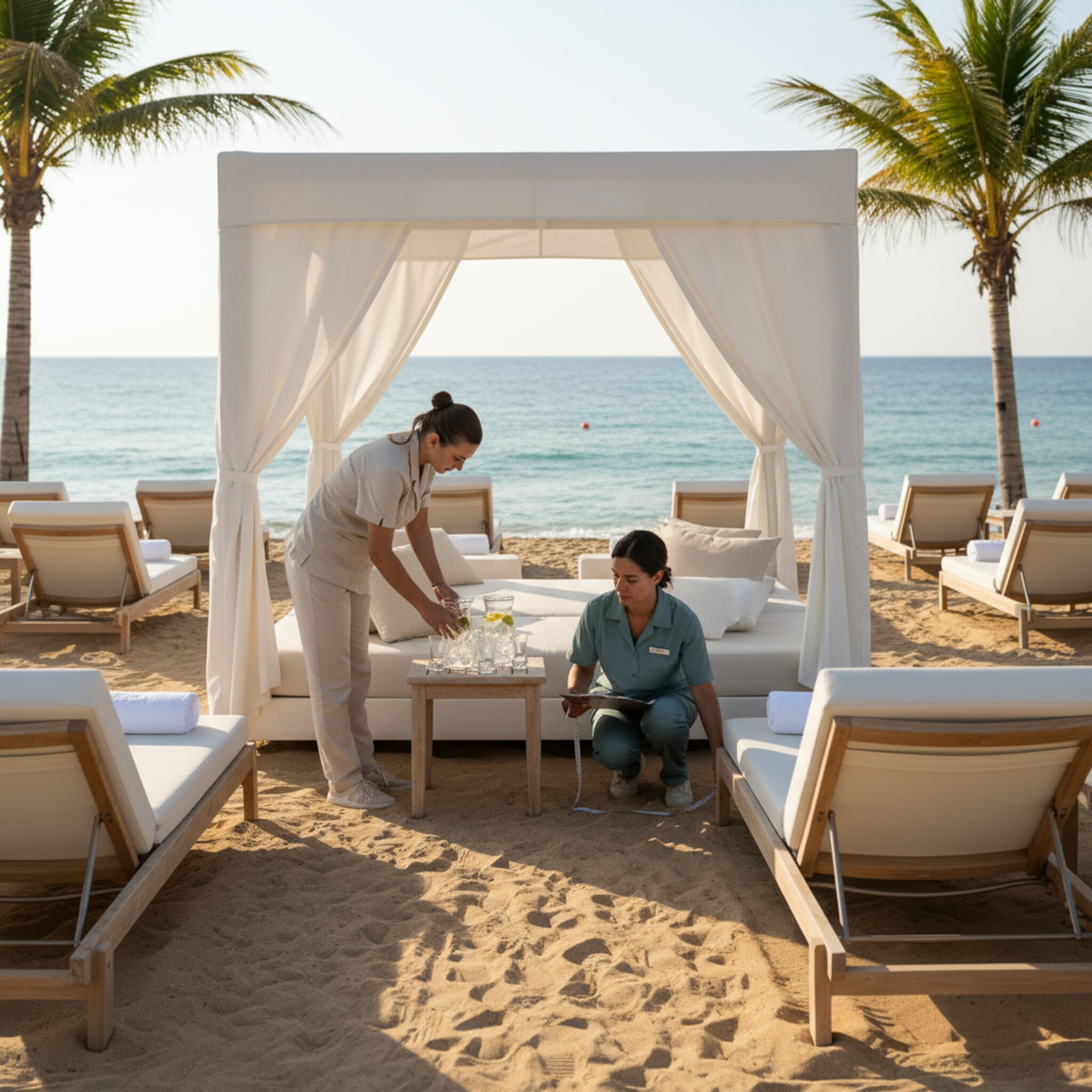 Früher Morgen im Beach Club: Weiches Licht liegt auf Reihen weißer Liegen, einige sind bereits mit frischen Handtüchern vorbereitet. Eine leichte Brise bewegt Palmblätter, das Meer glitzert ruhig. Zwei Mitarbeitende richten eine Cabana her, stellen eisgefüllte Wasserkaraffen bereit und prüfen diskret die Abstände zwischen den Plätzen.