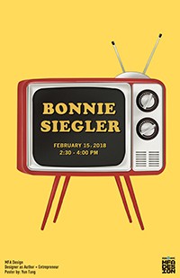 A yellow poster with a red and white old tv set. On the tv screen there is the text Bonnie Siegler.