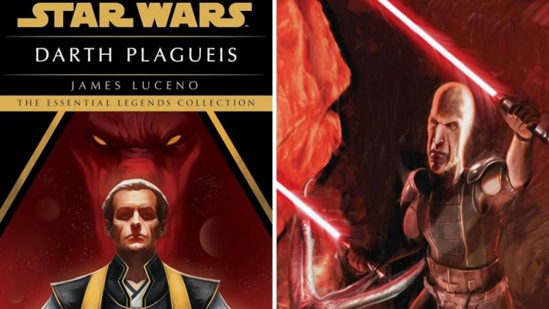 Cover of the Essential Legends Collection edition of the novel Star Wars: Darth Plagueis (left) and an image of Sith Lord Darth Plagueis.