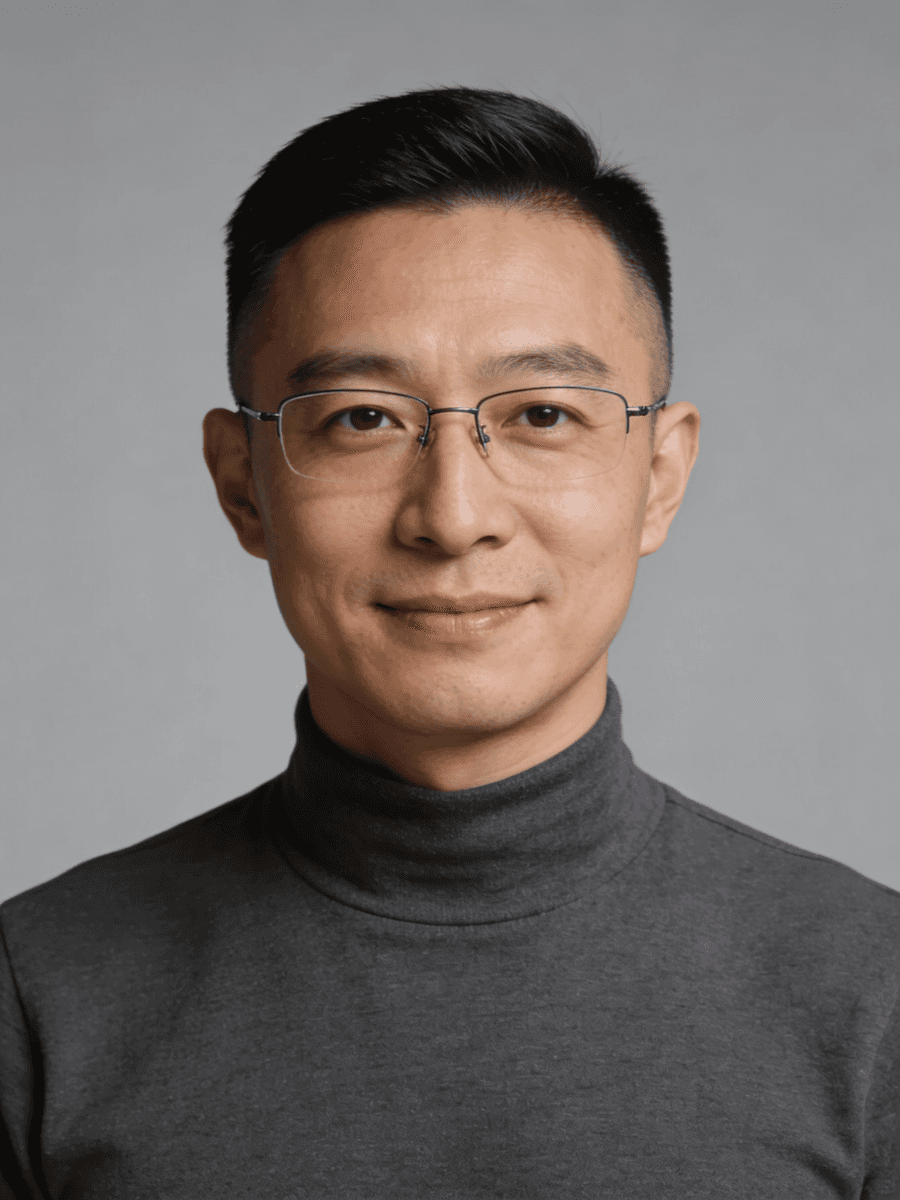 Smiling Asian man with glasses and short black hair wearing a gray turtleneck against a plain gray background.