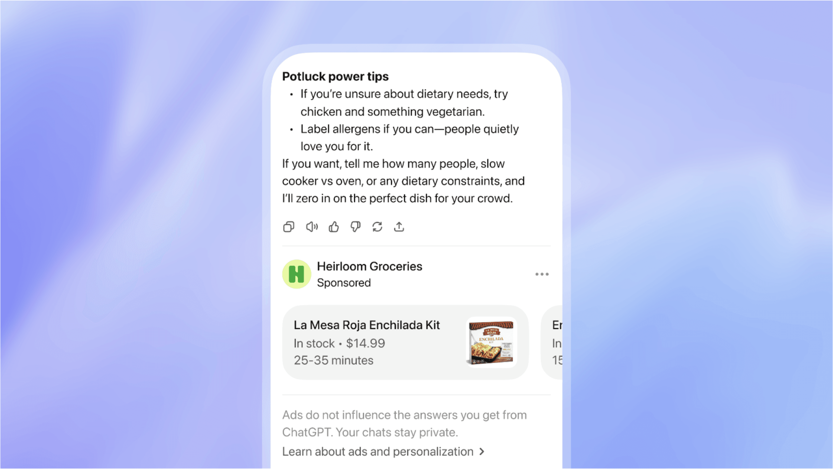 ChatGPT response with a sponsored Heirloom Groceries product card and ad disclosure below