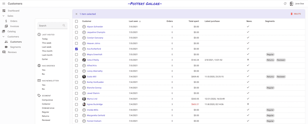 A React Admin list view with actions.