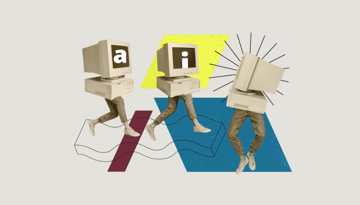 Surreal collage of people with computer monitor heads displaying AI letters, symbolizing building AI native engineering teams.