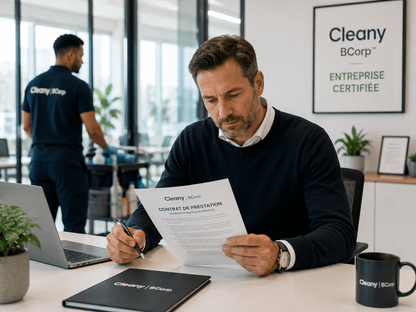 un responsable relisant attentivement un contrat de prestation, stylo en main, sur un bureau épuré ; un agent Cleany en arrière-plan