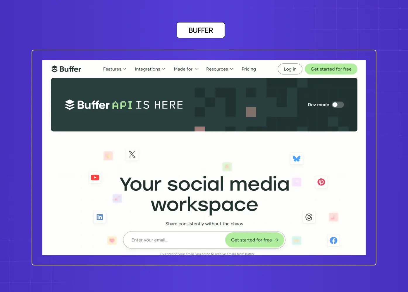 Buffer homepage featuring social media workspace tools and API-focused messaging with a minimalist interface.