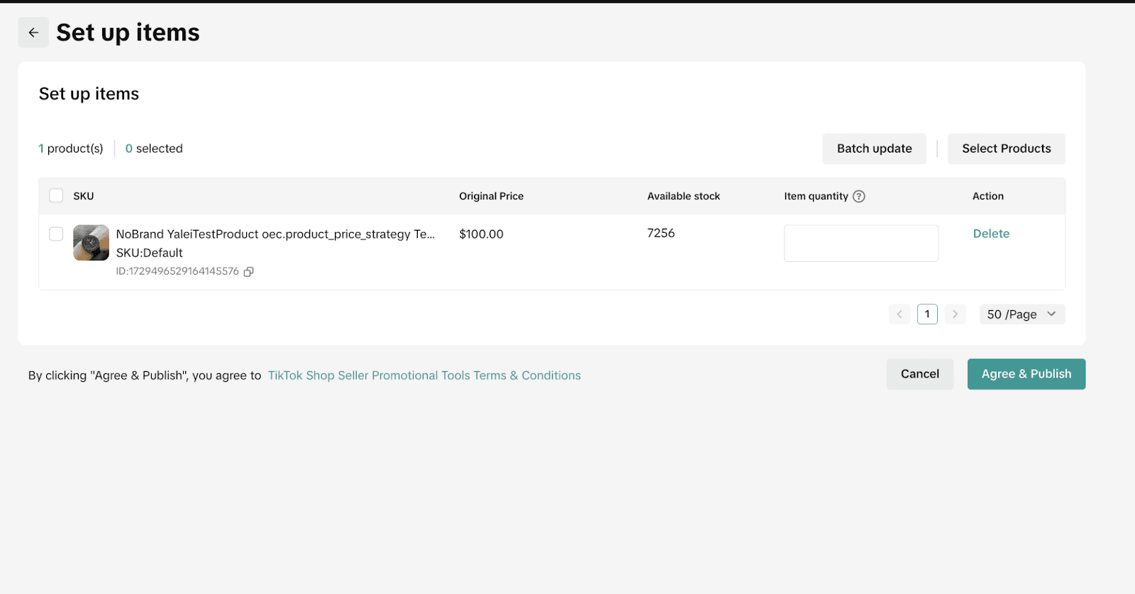TikTok Seller Center screen for setting up giveaway items with quantity and price fields.