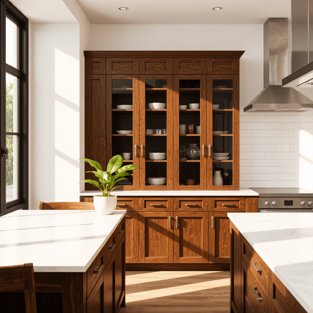 product photography of a kitchen cabinet with storage space and glass doors