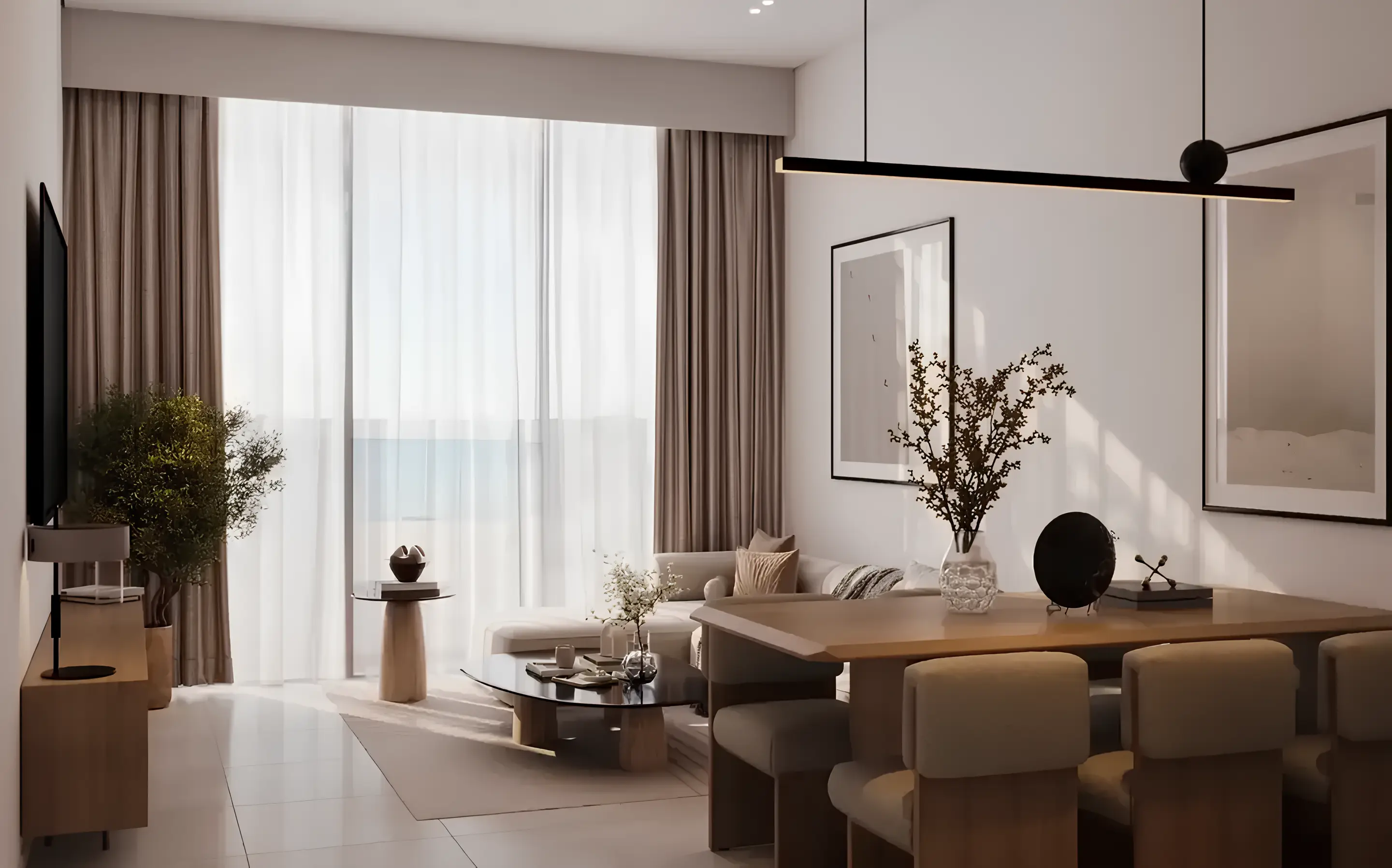 A modern living room featuring a dining table with chairs, showcasing a stylish and inviting atmosphere.
