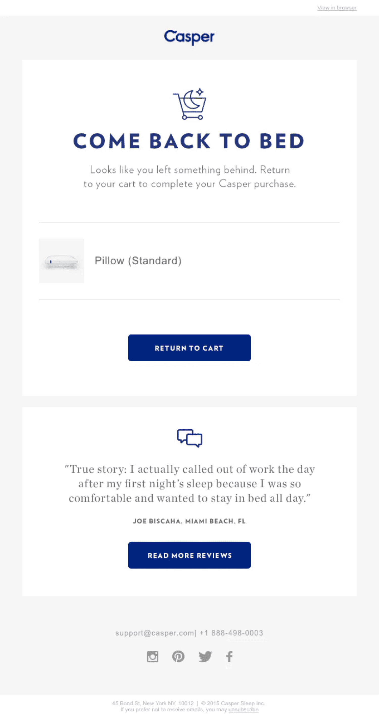 Feature Customer Reviews of Abandoned Products.png – A Casper abandoned cart email reminding customers to return and complete their purchase, featuring a pillow product, a testimonial review, and a CTA button.