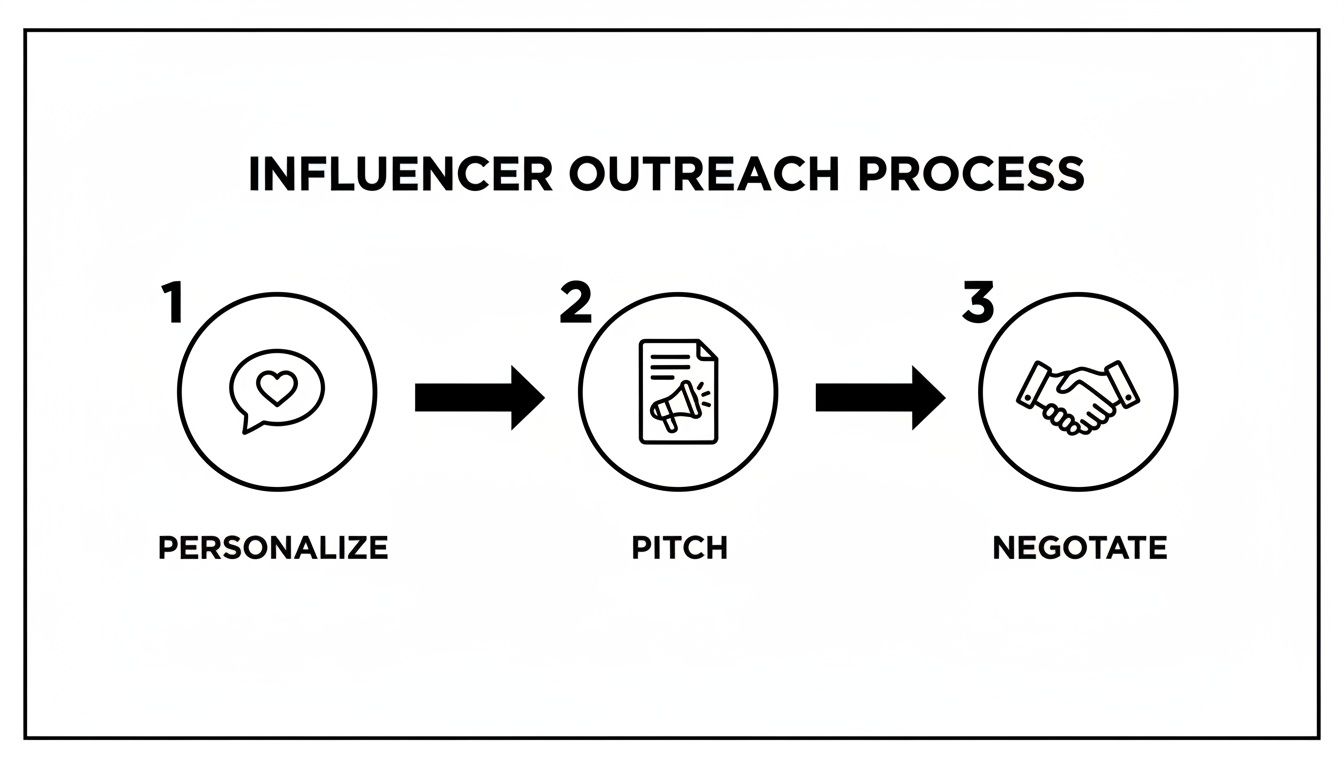 A three-step influencer outreach process diagram showing personalize, pitch, and negotiate steps with icons.