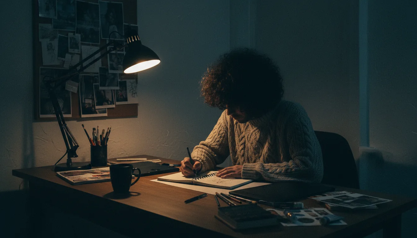 DSLR photograph, medium shot of a digital artist with curly dark hair working at a wooden desk in a dimly lit room at night. The scene has cinematic contrast, illuminated by a single articulated desk lamp casting deep shadows, with the artist's face obscured in silhouette. They are wearing a textured knit sweater and drawing in a sketchbook. The desk is cluttered with a black mug and art supplies. A mood board with reference images is on the wall in the background. The image is moody and atmospheric with a desaturated, cool color palette and a prominent film grain texture.