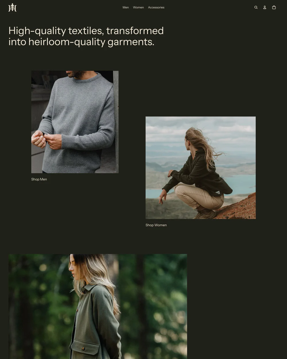 Website banner featuring text stating 'High-quality textiles, transformed into heirloom-quality garments.' A man in a gray sweater rolls up his sleeves, and a woman with long hair stands outdoors against a cloudy sky. The tone is sophisticated and elegant.