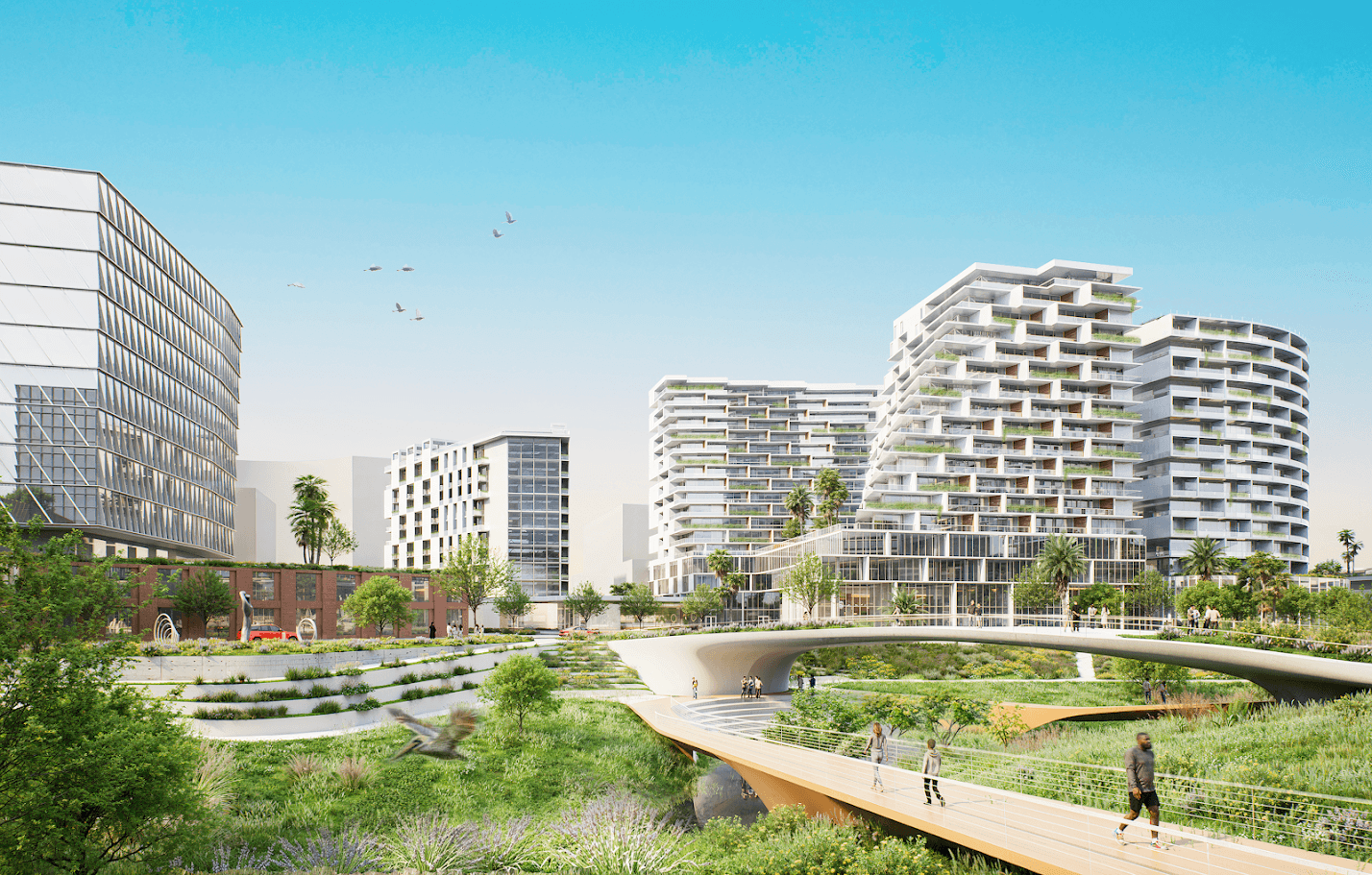 Rendering of the mixed-use and affordable housing component of the Historic Gas Plant District redevelopment, featuring curved modern buildings, a landscaped promenade, palm trees, and pedestrians