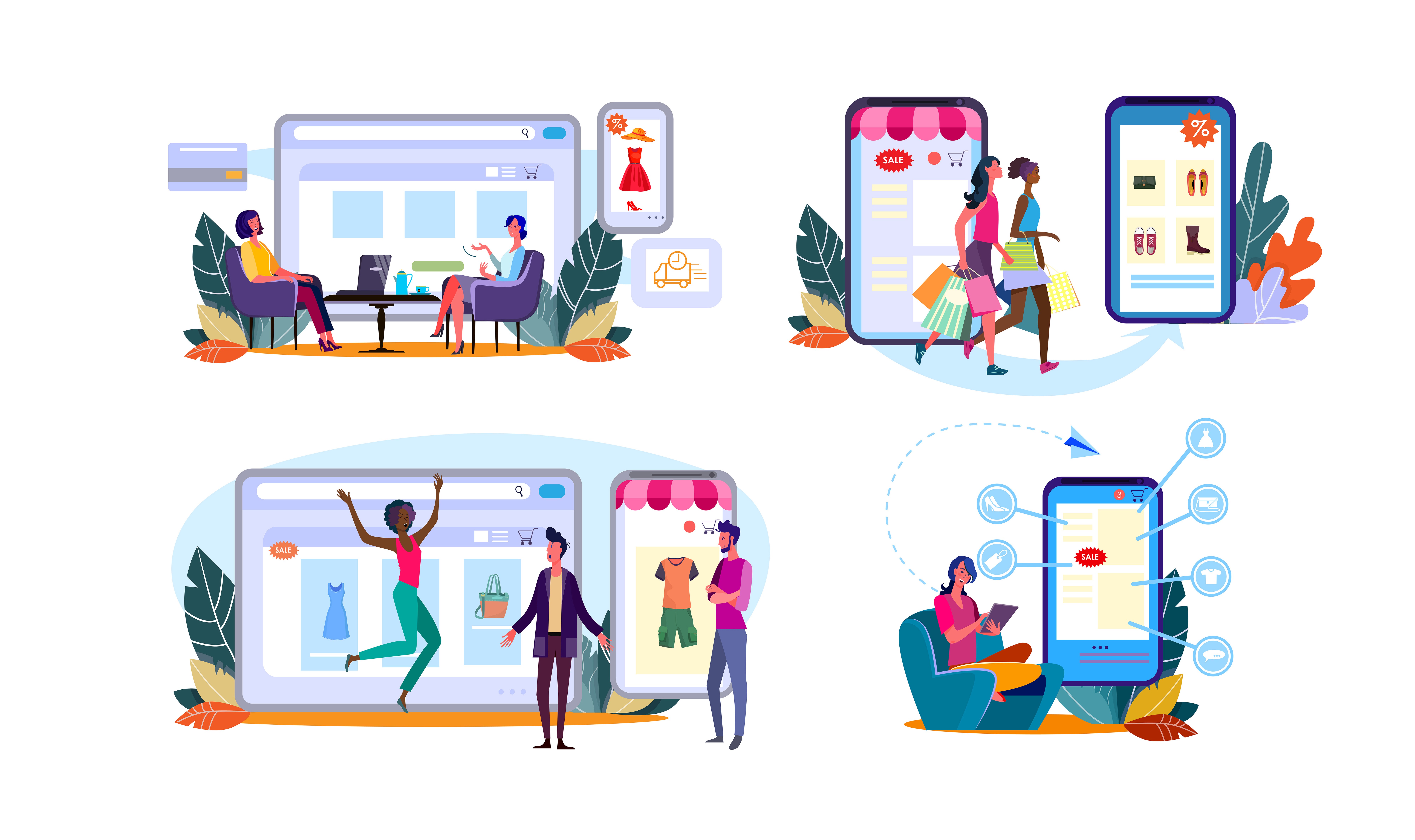 Four-panel illustration of e-commerce shopping scenes with people browsing online storefronts and mobile apps