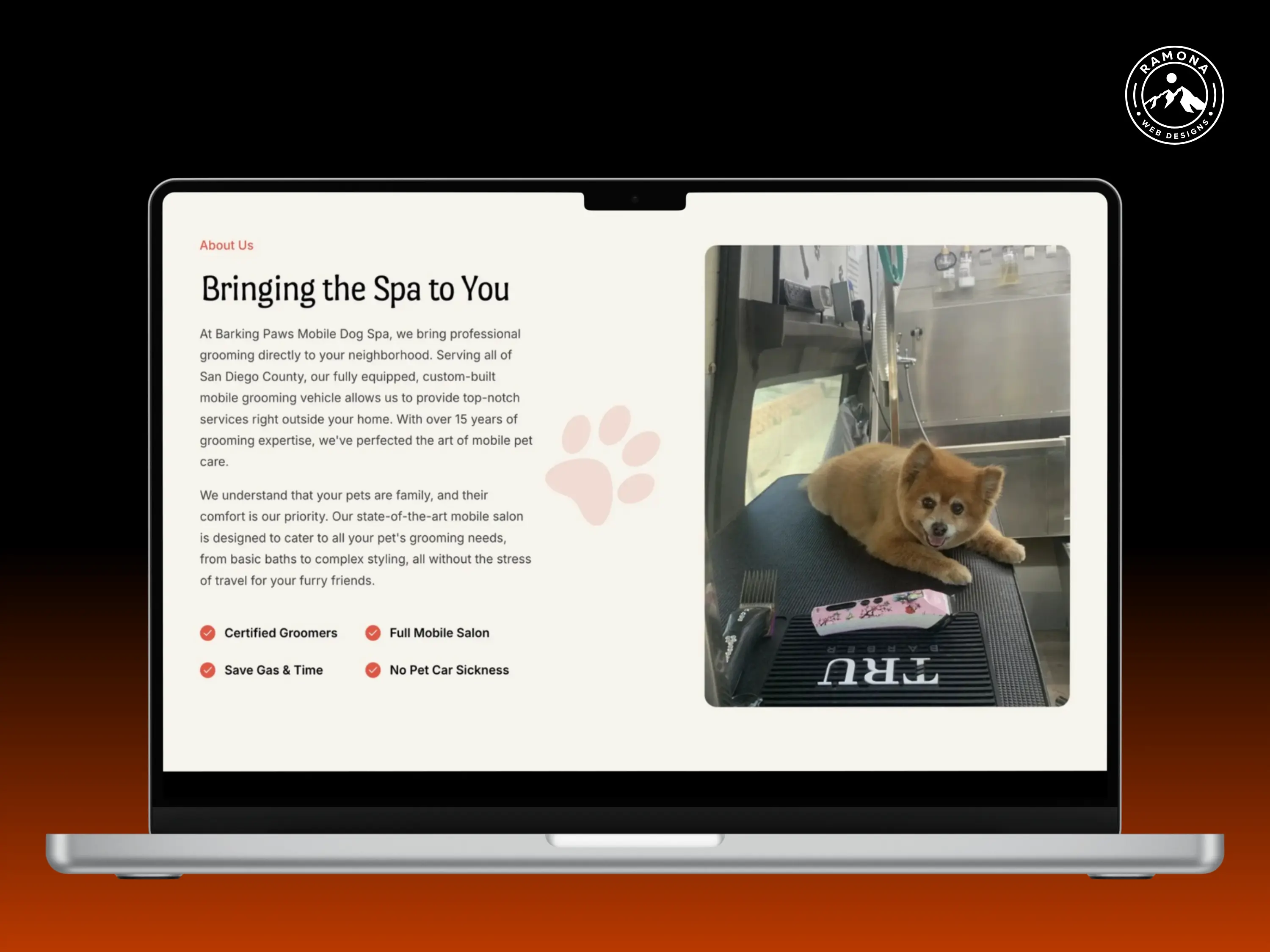 Laptop showing Barking Paws Mobile Dog Spa website services page