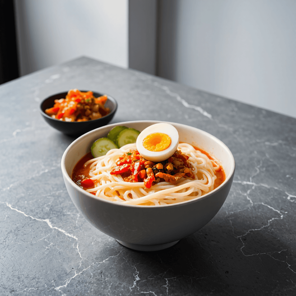 product photography of a bowl of cold noodles with kimchi and egg, typically served in a spicy sauce