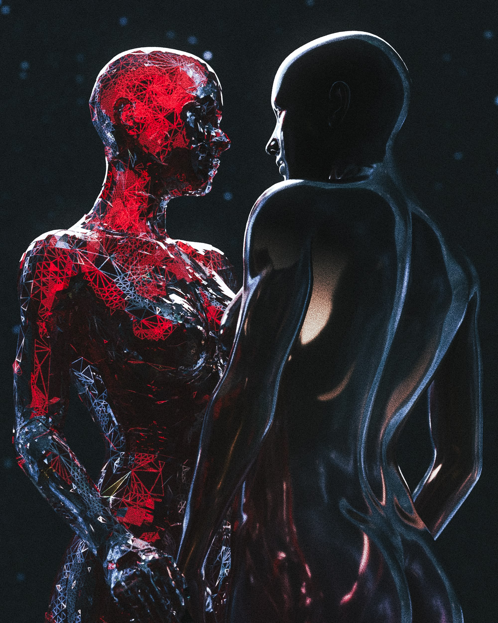 2 android characters in space facing each other closely