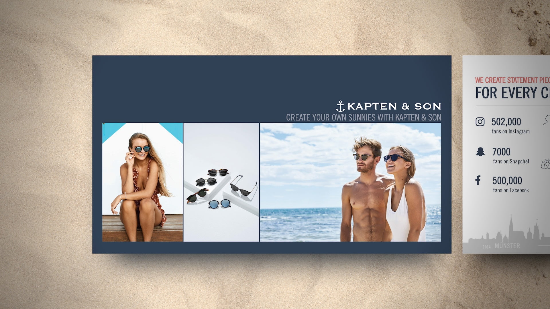 Kapten & Son influencer partnership pitch deck slide displayed on sand texture background featuring "Create Your Own Sunnies" campaign imagery with lifestyle photos of models wearing sunglasses at beach, product flat lay, and social media statistics showing 502,000 Instagram fans, 7,000 Snapchat fans, and 500,000 Facebook fans.