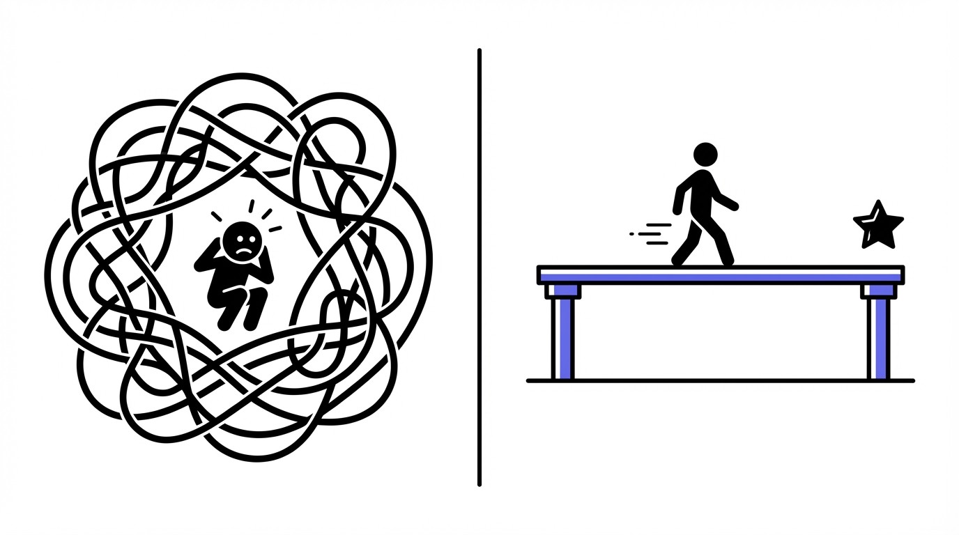 A split-screen illustration comparing a cluttered, tangled hiring maze on the left with a streamlined, straight bridge representing agile hiring on the right.