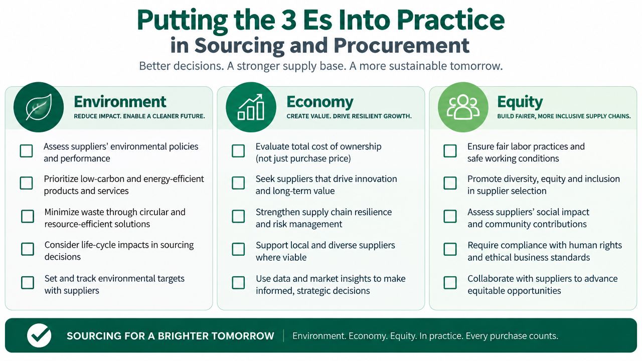 An infographic titled Putting the 3 Es Into Practice outlining strategies for Environment, Economy, and Equity in procurement.