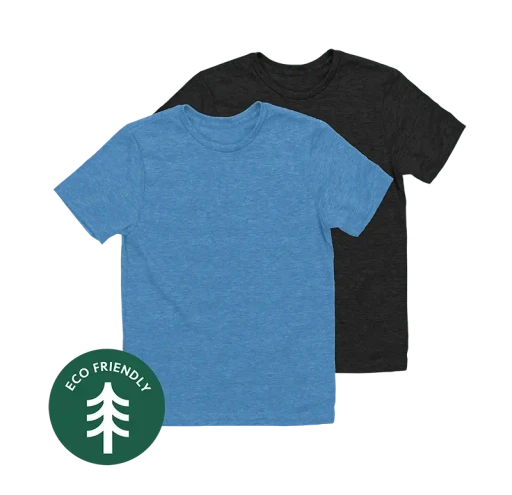 Two plain t-shirts, one in blue and the other in black, are displayed against a neutral background, with a green circular "Eco Friendly" badge featuring a white tree icon, highlighting sustainable clothing.