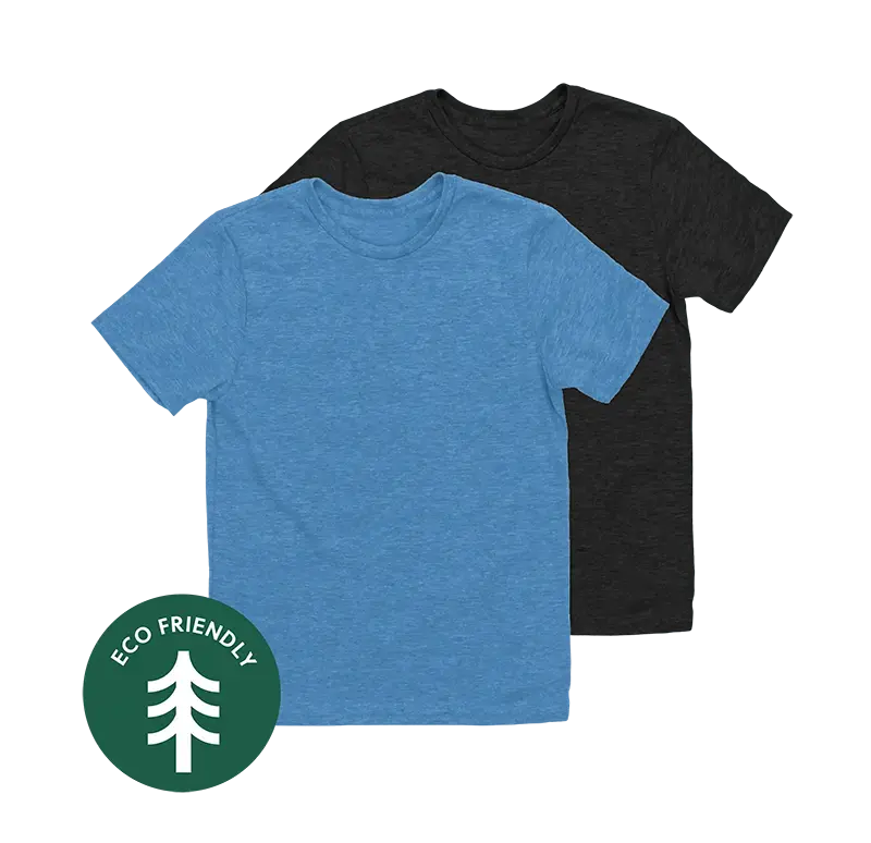 Two plain t-shirts, one in blue and the other in black, are displayed against a neutral background, with a green circular "Eco Friendly" badge featuring a white tree icon, highlighting sustainable clothing.
