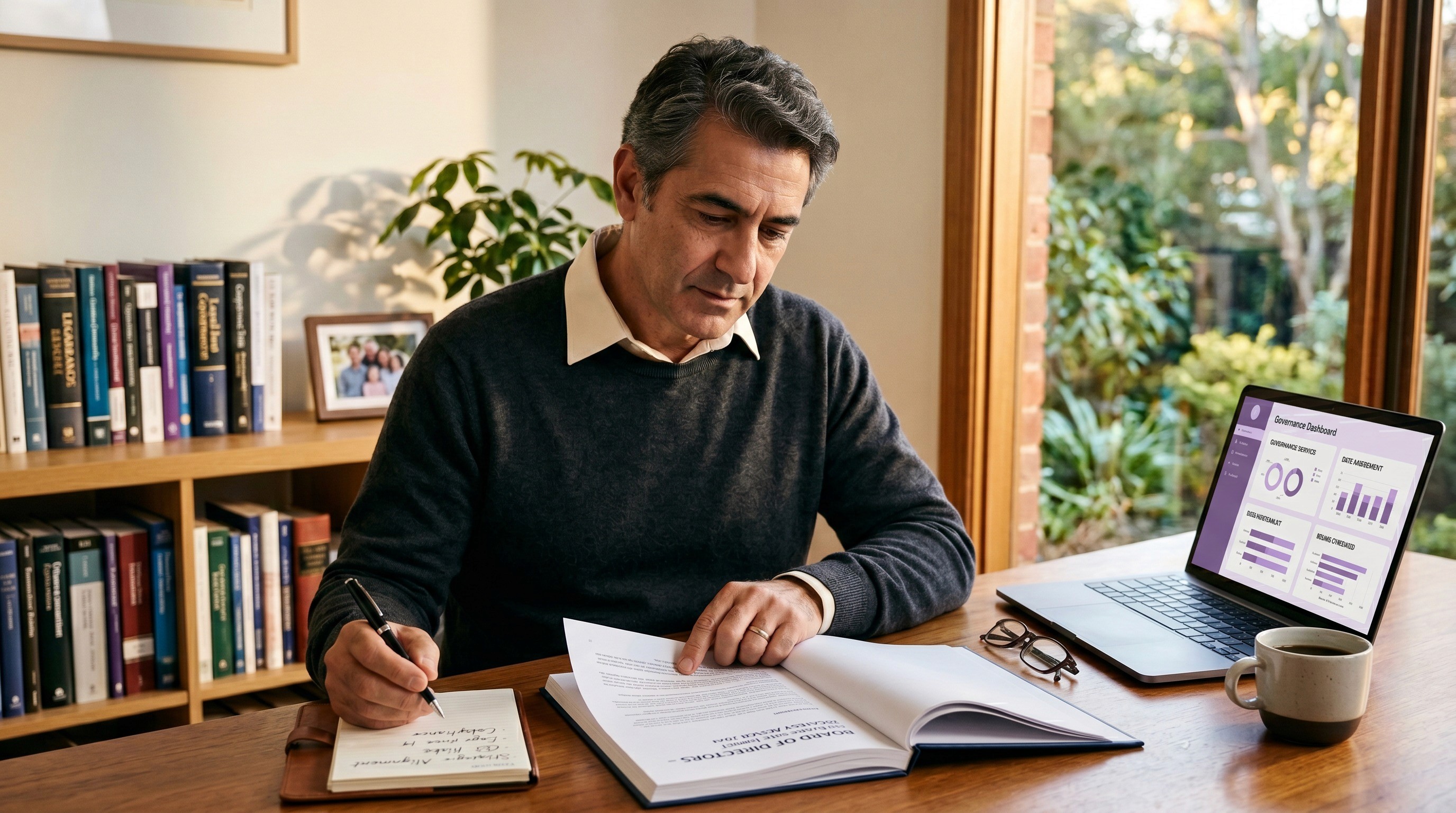 A man in his early fifties, of Mediterranean or Anglo-Australian heritage, an Australian company director reviewing a bound board paper at a wide timber desk in a calm executive study. He holds the bound document open in his left hand with his index finger marking a specific page; a pen rests in his right hand over a small leather-bound notebook where he has written two or three short notes.