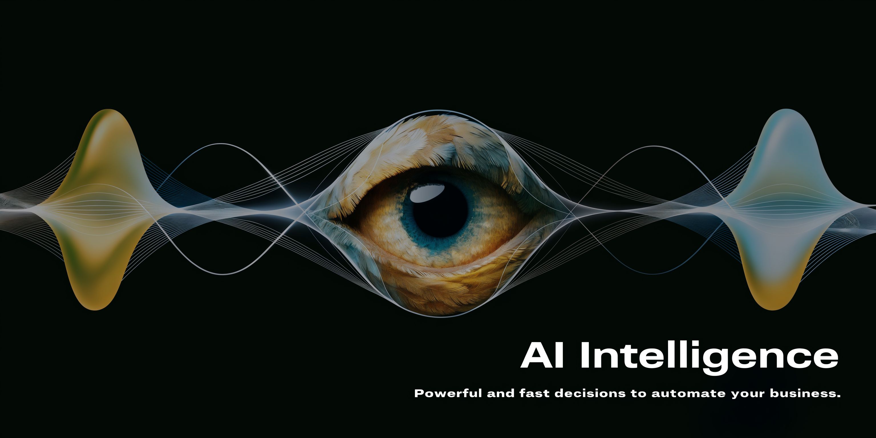 An abstract graphic featuring a feathered eye surrounded by digital wave lines representing artificial intelligence and automation.