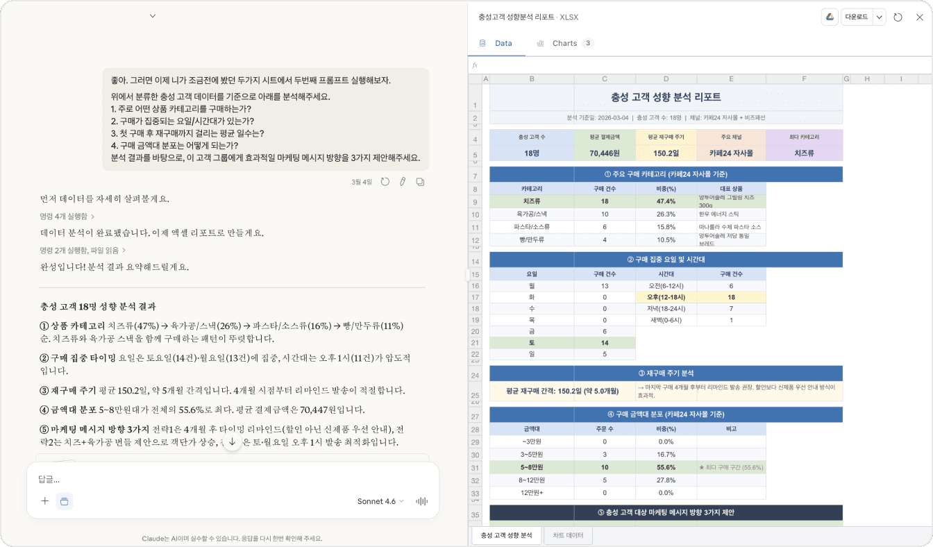 클로드를 활용한 충성 고객 성향 분석을 위한 프롬프트 실행 예시(출처=버클)