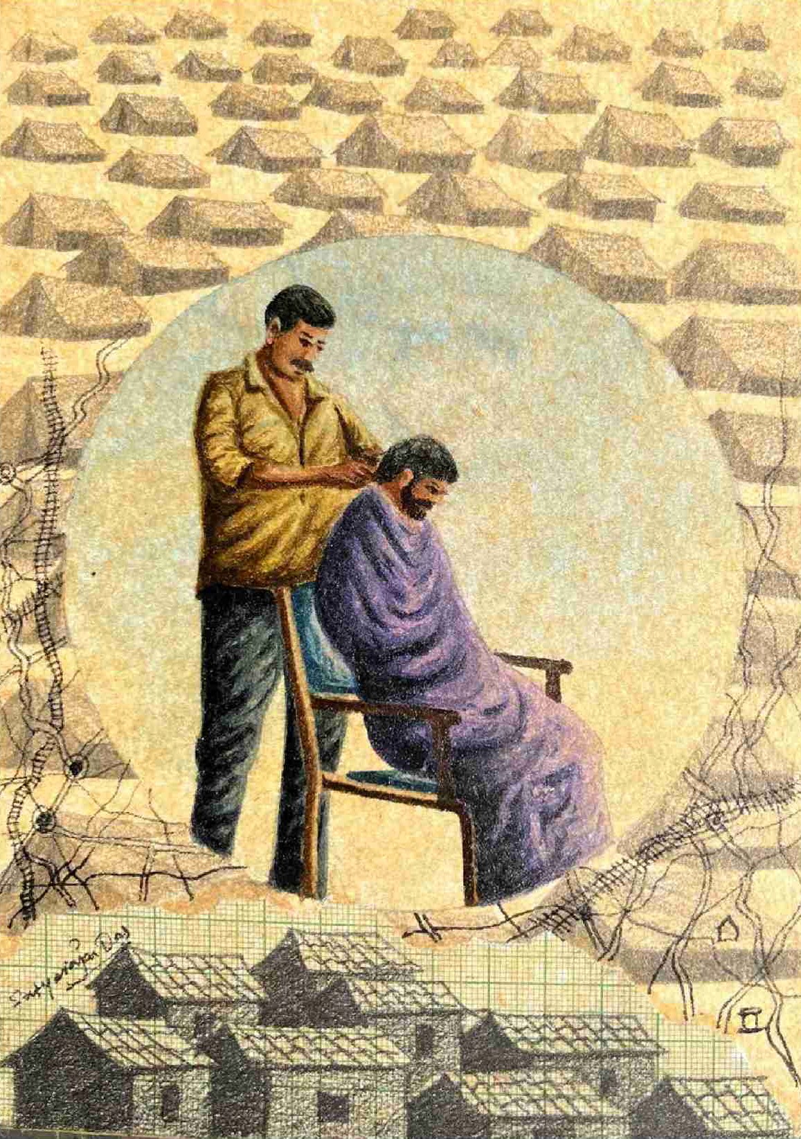 herd of sheep on road painting